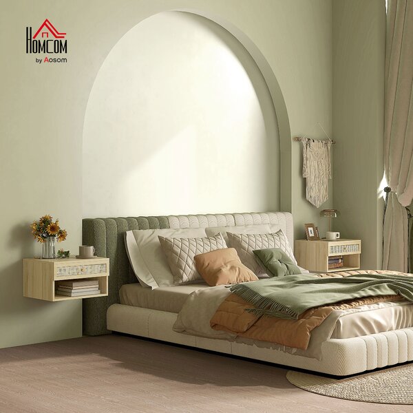 HOMCOM Set 2 Comodini con Cassetto e Ripiani Aperti in stile Nordico, in Truciolato e Rattan, 40x34x23 cm|Aosom
