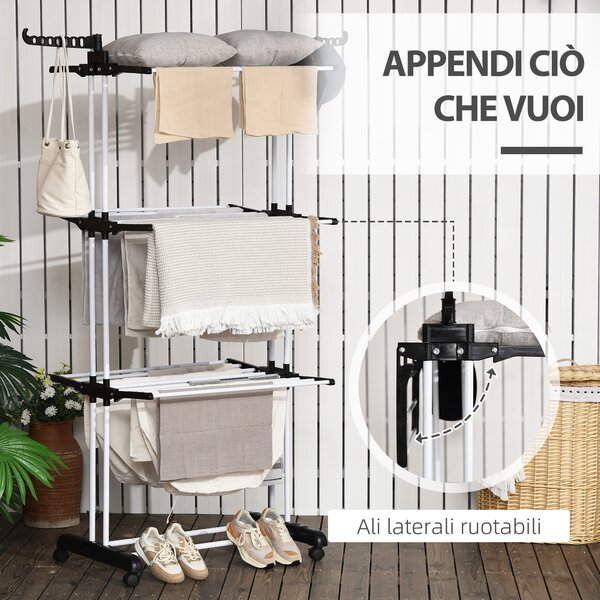 HOMCOM Stendibiancheria Pieghevole a 4 Livelli con Ali Girevoli e 4 Ruote, in Acciaio e PP, 73x64x177 cm, Nero|Aosom