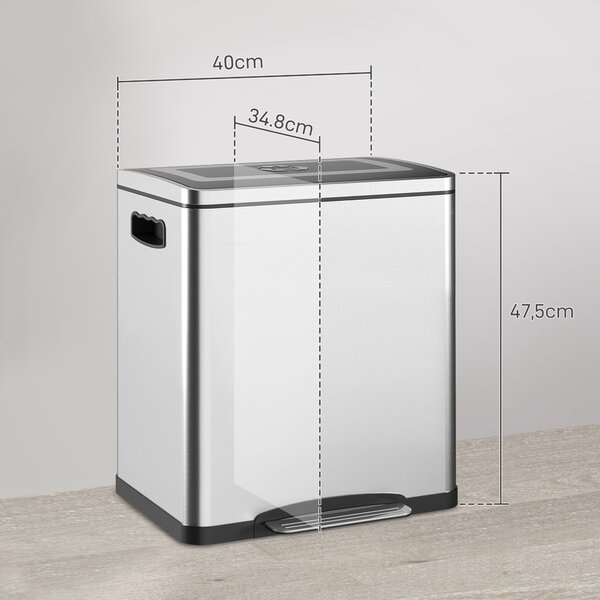 HOMCOM Bidone Immondizia a 2 Sezioni da 15L a Pedale con Coperchio Silenzioso, in Acciaio Inox e PP, 40x34.8x47.5 cm