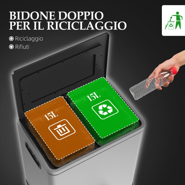 HOMCOM Bidone Immondizia a 2 Sezioni da 15L a Pedale con Coperchio Silenzioso, in Acciaio Inox e PP, 40x34.8x47.5 cm