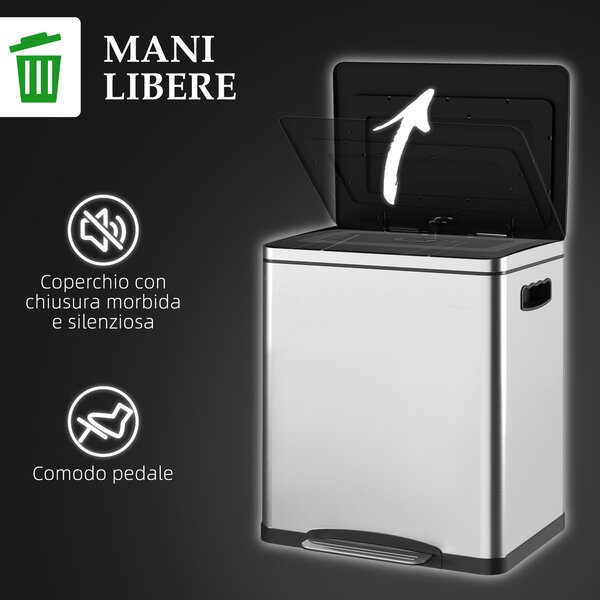 HOMCOM Bidone Immondizia a 2 Sezioni da 15L a Pedale con Coperchio Silenzioso, in Acciaio Inox e PP, 40x34.8x47.5 cm
