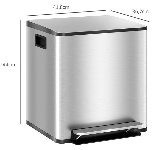 HOMCOM Bidone Immondizia a 2 Sezioni da 15L a Pedale con Coperchio Silenzioso, in Acciaio Inox e PP, 41.8x36.7x44 cm