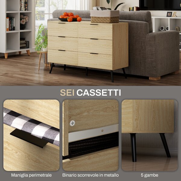HOMCOM Cassettiera 6 Cassetti in Legno per Camera da Letto e Ingresso, 110x40x75cm, Rovere