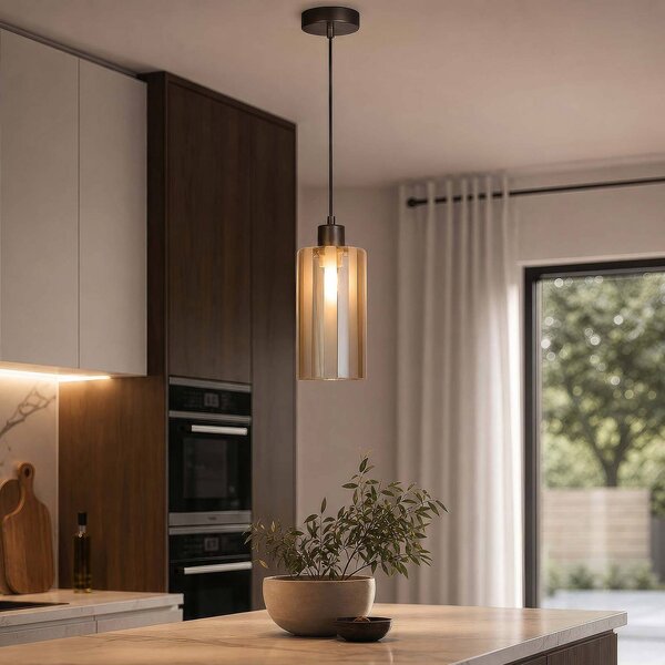 Searchlight Lampada a sospensione Kent, dimmerabile, Crema / Ambra, Soggiorno / Sala da pranzo, Metallo, Lampada a sospensione