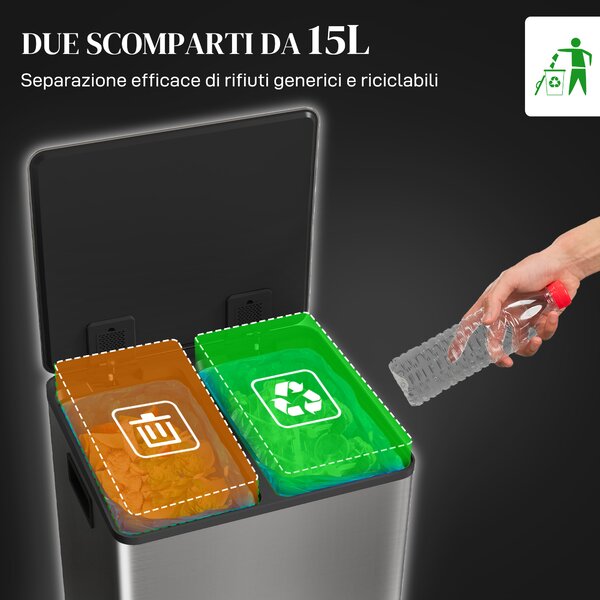 HOMCOM Bidone Immondizia a 2 Sezioni da 15L a Pedale con Coperchio Silenzioso, in Acciaio Inox e PP, 41.8x36.7x44 cm