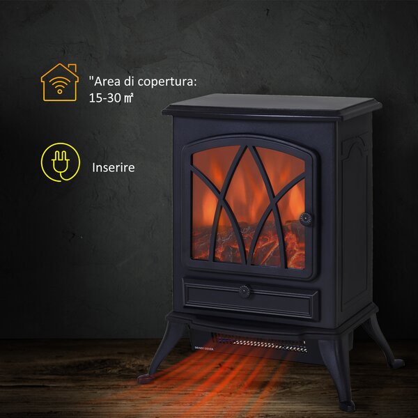 HOMCOM Camino Elettrico con Effetto Fiamma Stile Retrò, Termostato 1000-2000W e Luce Regolabile, Nero