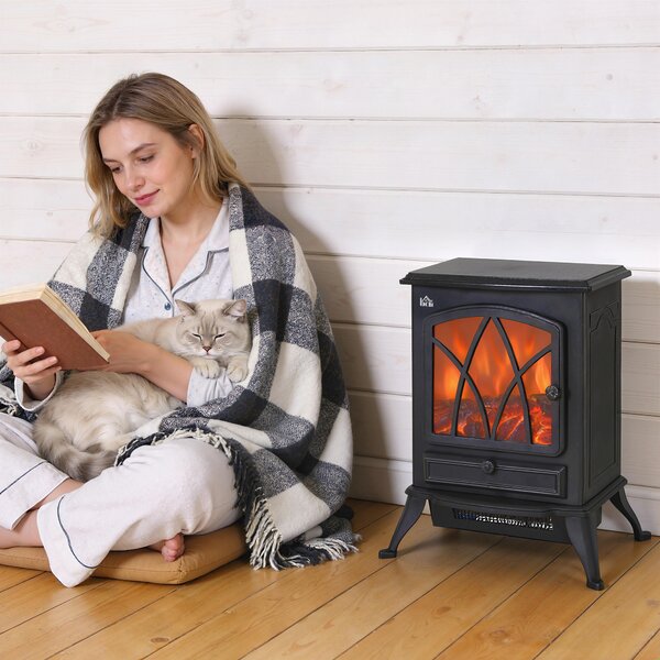 HOMCOM Camino Elettrico con Effetto Fiamma Stile Retrò, Termostato 1000-2000W e Luce Regolabile, Nero