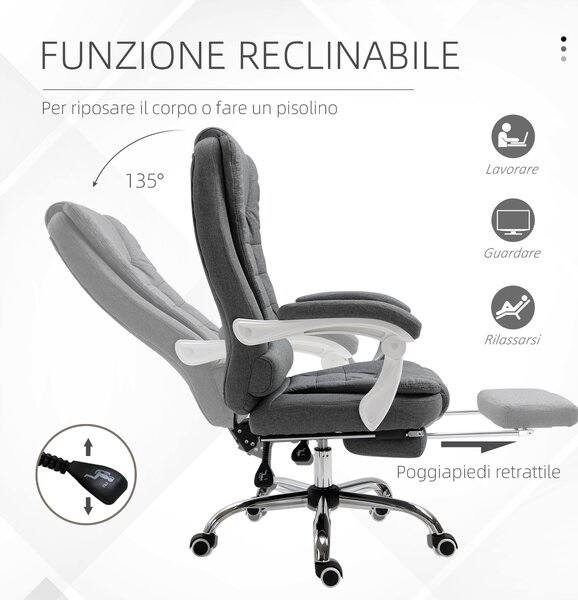 Vinsetto Poltrona da Ufficio Reclinabile Girevole con Poggiapiedi Retrattil, Sedia Ufficio Imbottita con Altezza Regolabile, Grigio| Aosom Italy