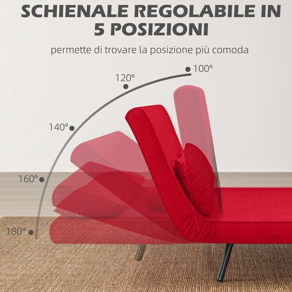 HOMCOM Divano Letto 4 in 1 in Tessuto Effetto Velluto con Schienale Regolabile e 2 Cuscini, 102x73x81 cm, Rosso