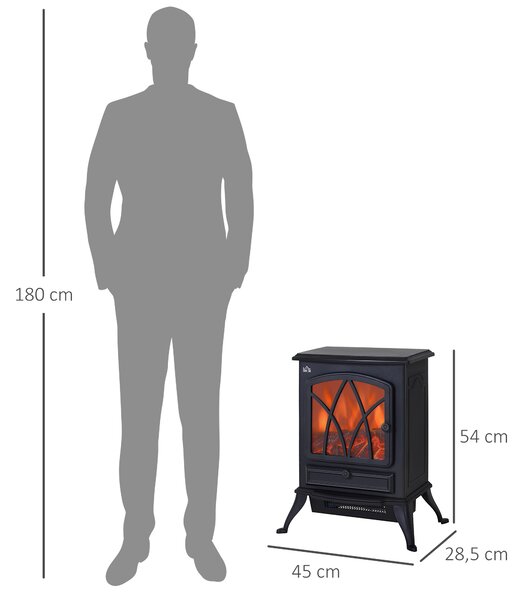 HOMCOM Camino Elettrico con Effetto Fiamma Stile Retrò, Termostato 1000-2000W e Luce Regolabile, Nero