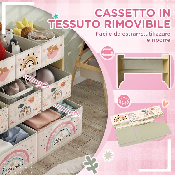 AIYAPLAY Mobile Portagiochi per Bambini a 3 Livelli con 9 Contenitori in Tessuto, 93x30x70 cm, Giallo