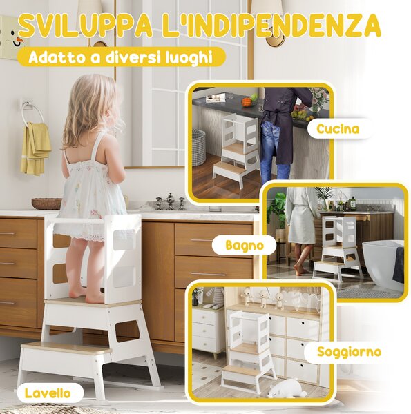 AIYAPLAY Scala Montessori per Bambini con Lavagna e Ringhiera, struttura trapezoidale in Legno, 55x52.5x87.5 cm, Bianco e color Legno|Aosom Italy