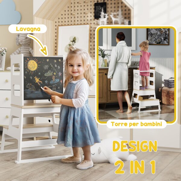 AIYAPLAY Scala Montessori per Bambini con Lavagna e Ringhiera, struttura trapezoidale in Legno, 55x52.5x87.5 cm, Bianco e color Legno|Aosom Italy