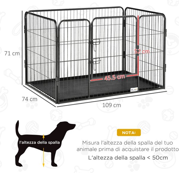 PawHut Box per Cani Recinzione in Metallo per Animali con 4 Pannelli, Porta con Doppio Blocco e Vassoio sul Fondo, 109x74x71cm, Grigio|Aosom