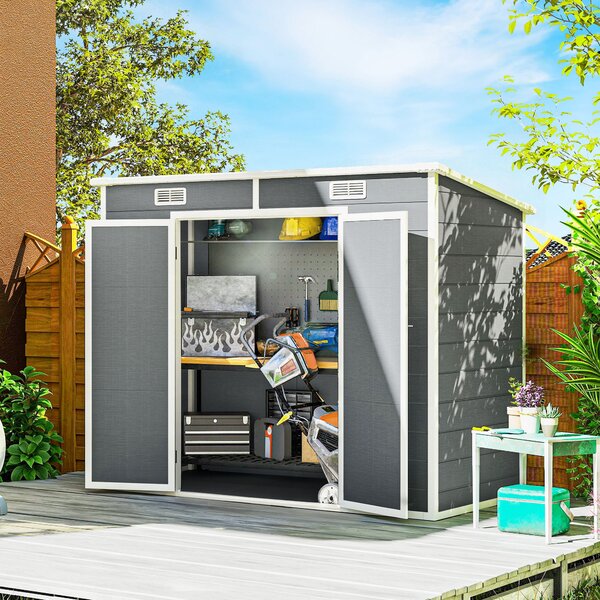 Outsunny Casetta da Giardino in Resina con Pavimento, 2 Porte con Blocco, Finestra, 2.4 x 1.3 m, Grigio | Aosom Italy