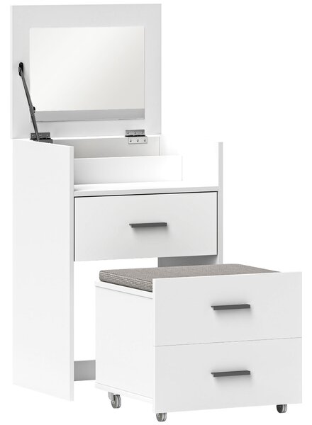 HOMCOM Tavolo da Trucco in Legno con Specchio Ribaltabile, 2 Cassetti e Sgabello, 50x40x113.5 cm, Bianco