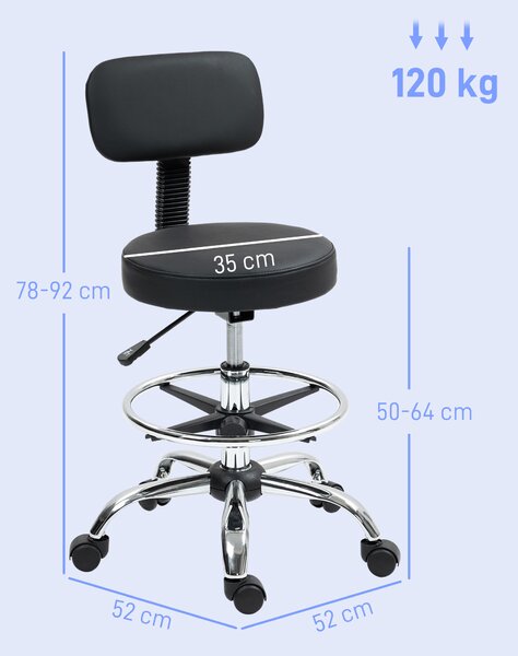 HOMCOM Sedia Girevole ad Altezza Regolabile con Poggiapiedi, in Acciaio, Finta Pelle e Gommapiuma, 52x52x78-92 cm, Nero