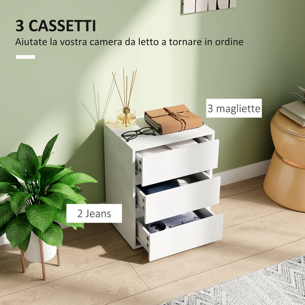 HOMCOM Cassettiera 3 Cassetti Moderna in Legno Bianco, 40x30x50.5 cm
