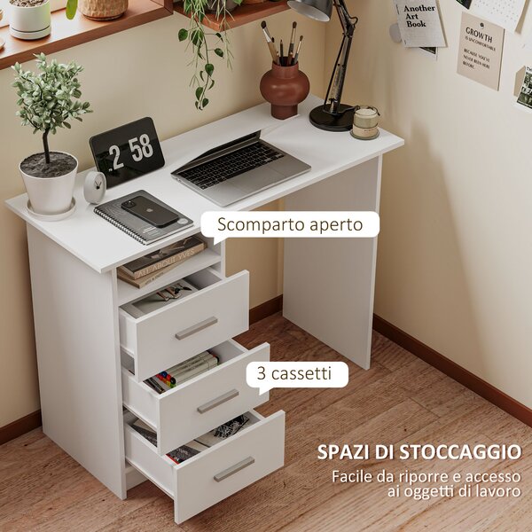 HOMCOM Scrivania Moderna in Legno con 3 Cassetti e Ripiano Aperto, 100x40x75 cm, Bianca