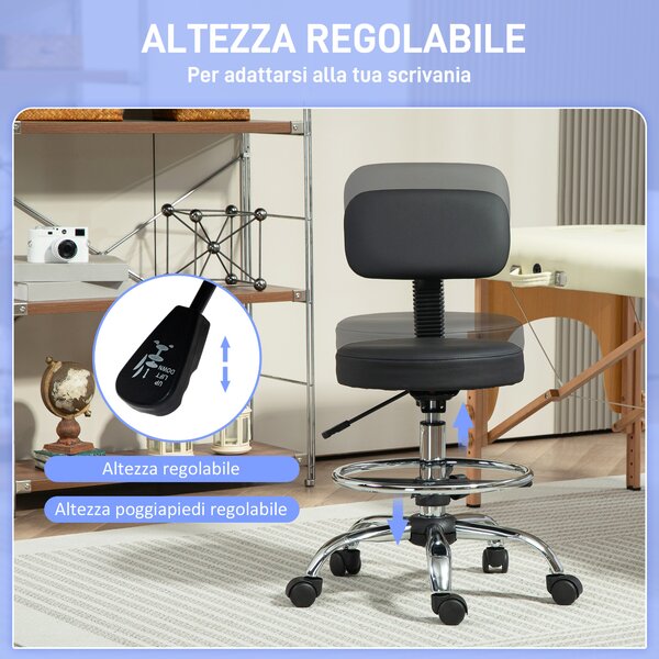HOMCOM Sedia Girevole ad Altezza Regolabile con Poggiapiedi, in Acciaio, Finta Pelle e Gommapiuma, 52x52x78-92 cm, Nero
