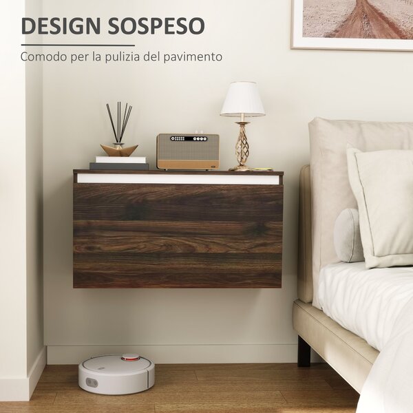 HOMCOM Comodino Sospeso con Cassetto Senza Maniglie e con Fissaggio a Parete, 80x30x45cm, Noce