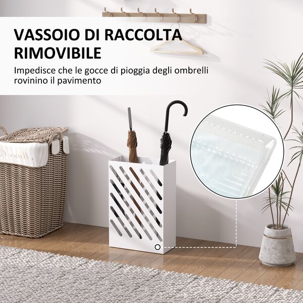 HOMCOM Portaombrelli di Design con Vaschetta Raccogli Gocce e 4 Ganci in Metallo, 28x14x41 cm, Bianco
