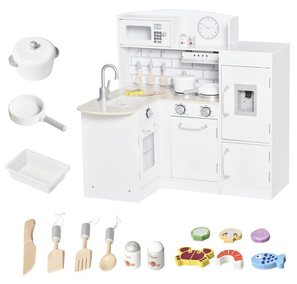 HOMCOM Cucina Giocattolo per Bambini in Legno con 14 Accessori, Forno, Lavandino, Frigo e Microonde, Età 3+ Anni, 86x64x84.5cm, Bianco e Argento|Aosom