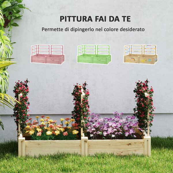 Outsunny Letto per Orto con 3 Tralicci e 2 Fioriere in Legno di Abete con Fondo Aperto, 119x62.5x64 cm, color Legno