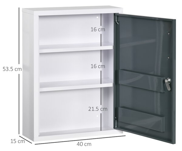 Kleankin Armadietto Medicinali con 3 Ripiani e Blocco con Chiavi, Mobiletto per Farmaci in Acciaio, 40x15x53.5cm, Bianco e Grigio|Aosom