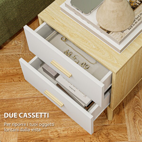 HOMCOM Comodino con 2 Cassetti in Legno in Stile Scandinavo, 40x40x50 cm, Rovere | Aosom Italy