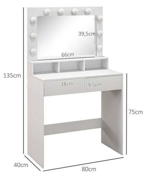 HOMCOM Tavolo da Trucco con Specchio e 10 Luci LED Regolabili, 2 Cassetti e 3 Scomparti, 80x40x135 cm, Bianco | Aosom Italy