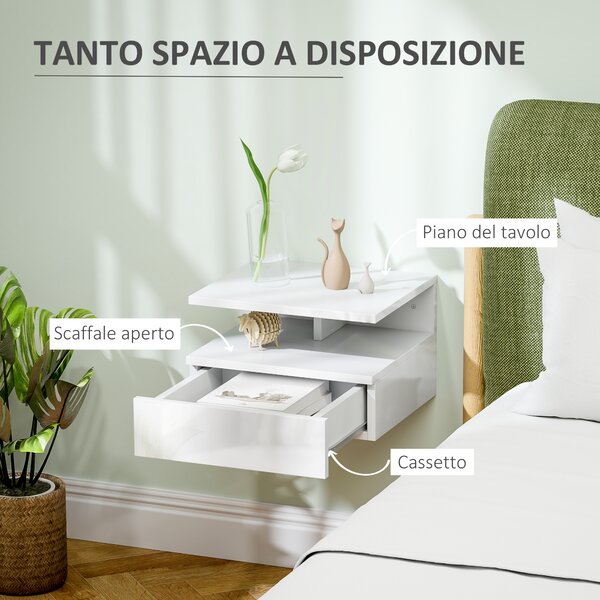 HOMCOM Comodino Sospeso per Camera da Letto con Cassetto e Ripiano Aperto in Legno, 35x32x22.5 cm, Bianco