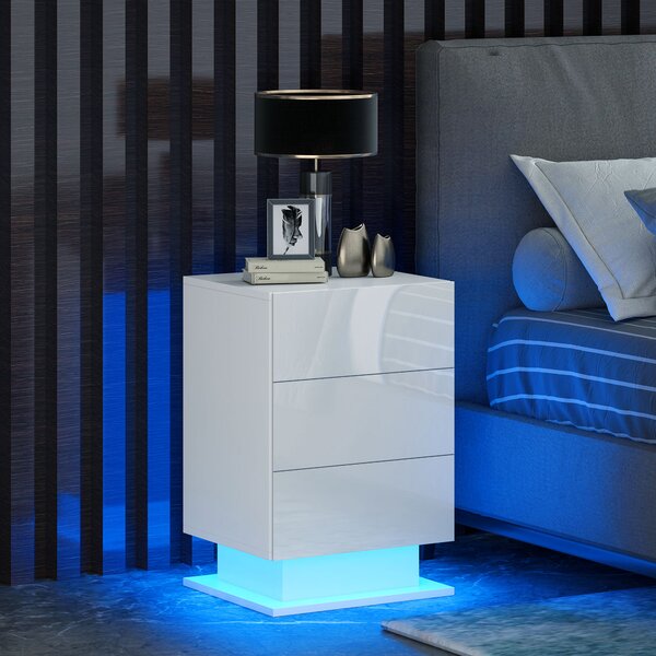 HOMCOM Comodino Moderno con Luce LED Regolabile con Telecomando e 3 Cassetti, 40x35x60 cm, Bianco Lucido | Aosom Italy