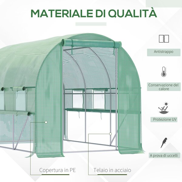 Outsunny Serra per Orto 3x2x2m in Acciaio e Copertura PE, Porte con Zip e Finestre a Rete, Verde | Aosom Italy