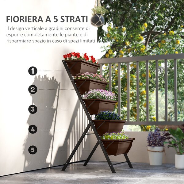 Outsunny Portapiante Verticale a 5 Livelli con 5 Vasi con Fori di Drenaggio, in Acciaio e PE, 55x63x120 cm, Marrone | Aosom Italy