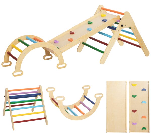 AIYAPLAY 5 in1 Gioco Arrampicata Bambini con Triangolo e Arco Montessori e Rampa con Pietre in Legno di Pino, 178x64.5x63cm | Aosom Italy