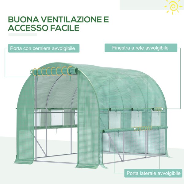 Outsunny Serra per Orto 3x2x2m in Acciaio e Copertura PE, Porte con Zip e Finestre a Rete, Verde | Aosom Italy