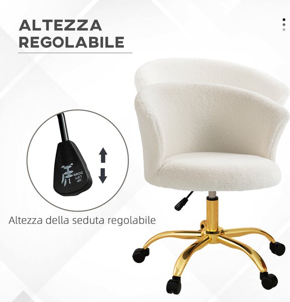 Vinsetto Sedia da Ufficio Regolabile in Altezza con Seduta Girevole e Rivestimento in Velluto Teddy, Bianco e Oro | Aosom Italy