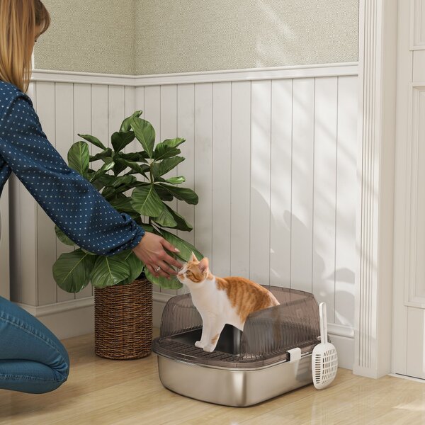Lettiera per Gatti Extra Large 53x42x27 cm con Vassoio Paletta Bordi Alti Fino a 15 kg in Acciaio Inox Grigio Carbone