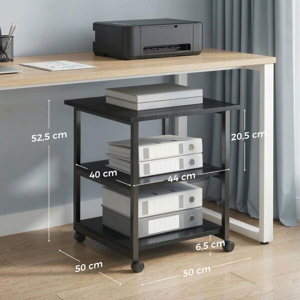 HOMCOM Carrello Porta Stampante a 3 Ripiani con 4 Ruote, Legno e Acciaio, 50x50x52.5cm, Nero | Aosom Italy