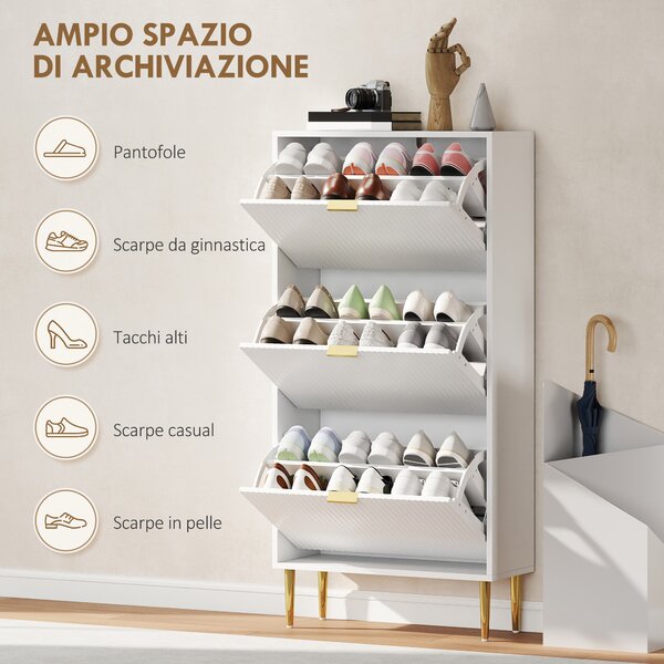 HOMCOM Scarpiera Slim per 18 Paia di Scarpe con 3 Cassetti a Ribalta e Ripiani Regolabili, 60x24x128 cm, Bianco | Aosom Italy