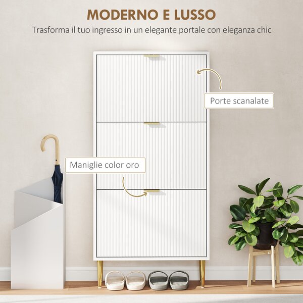 HOMCOM Scarpiera Slim per 18 Paia di Scarpe con 3 Cassetti a Ribalta e Ripiani Regolabili, 60x24x128 cm, Bianco | Aosom Italy