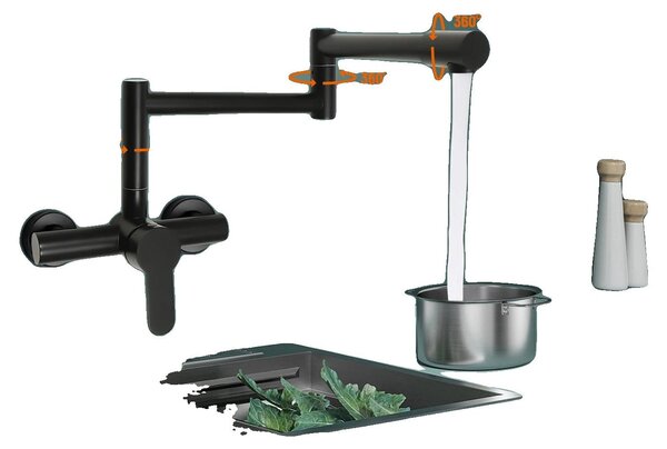 Rubinetto da cucina da montare a parete, con corpo in ottone, braccio girevole a 360°, portata di 40 cm, comando monoleva, adatto per lavelli