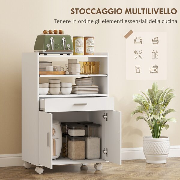 HOMCOM Mobile Microonde in Legno con Cassetto, Armadietto a 2 Ante e 2 Ripiani, 59x40x92 cm, Bianco | Aosom Italy