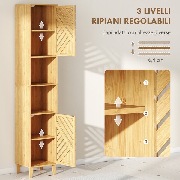 HOMCOM Mobile Colonna Bagno con 2 Armadietti e 2 Ripiani con Scaffale Regolabile, in Bambù e Truciolato, 32x30x170 cm | Aosom Italy