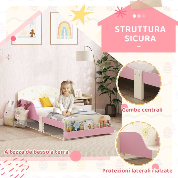 AIYAPLAY Letto per Bambini 3-8 Anni Basso in Legno con Spazio Contenitore e Sponde Laterali, 150x77x60 cm, Rosa | Aosom Italy