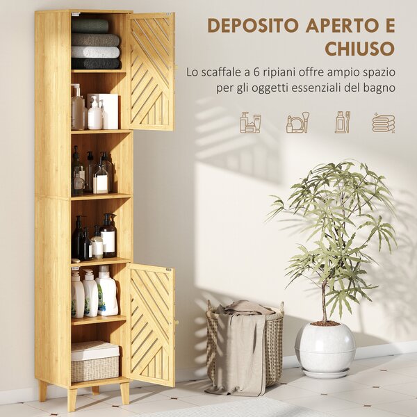 HOMCOM Mobile Colonna Bagno con 2 Armadietti e 2 Ripiani con Scaffale Regolabile, in Bambù e Truciolato, 32x30x170 cm | Aosom Italy