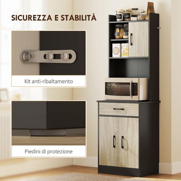 HOMCOM Mobile Dispensa in Legno con Cassetto, 2 Ripiani Aperti e Armadietti, 60x40x180 cm, Nero e color Legno | Aosom Italy
