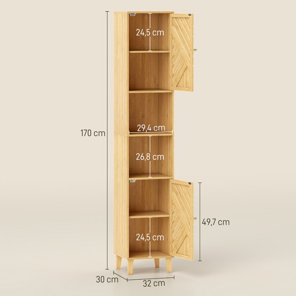 HOMCOM Mobile Colonna Bagno con 2 Armadietti e 2 Ripiani con Scaffale Regolabile, in Bambù e Truciolato, 32x30x170 cm | Aosom Italy