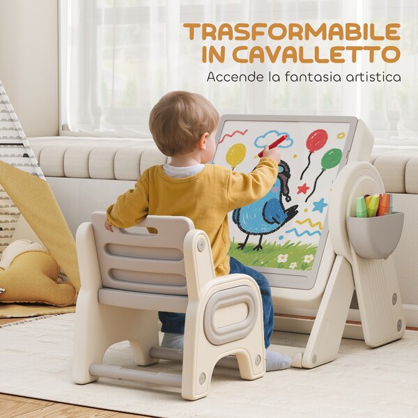 AIYAPLAY Tavolo Multiuso per Bambini con Ripiano Contenitore e Cassetti, in HDPE e PP, Grigio e Bianco | Aosom Italy